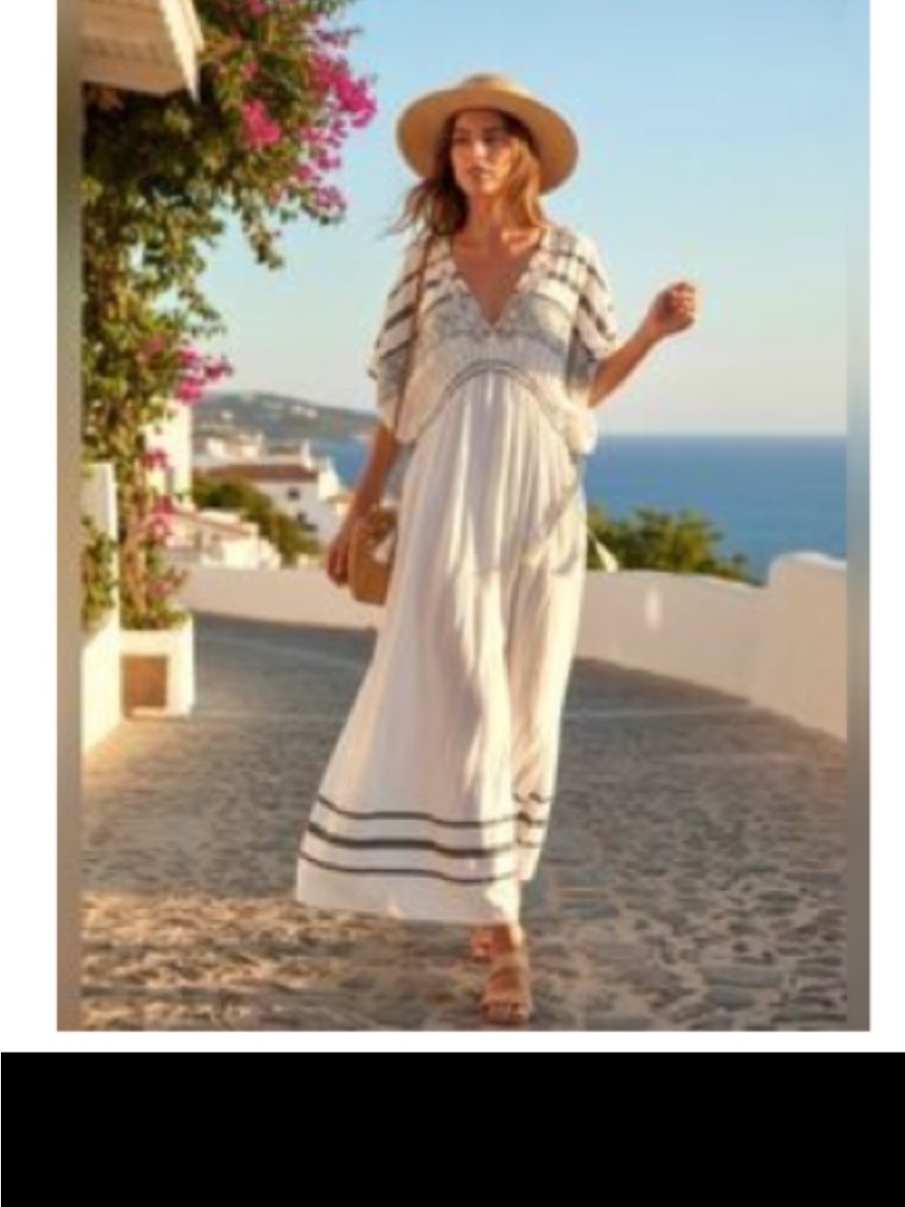 Zara White Maxi Caftan Coverup with Black Stripes and Embroidered Accents